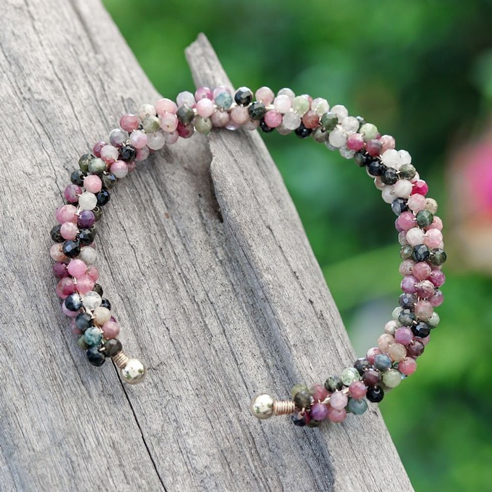 Tourmaline Brass and Copper Wire Beaded Cuff Bracelet 'Splendid Beauty'