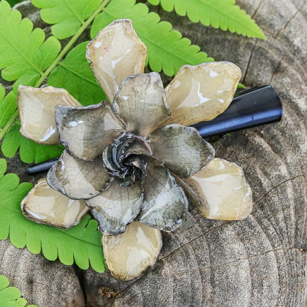 Resin-Coated Natural Gardenia Flower Hair Clip from Thailand 'Gardenia Majesty'