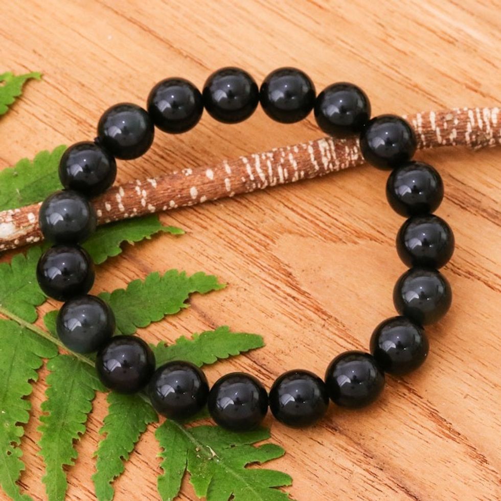 Handcrafted Obsidian Beaded Stretch Bracelet from Thailand 'Dark Mist'