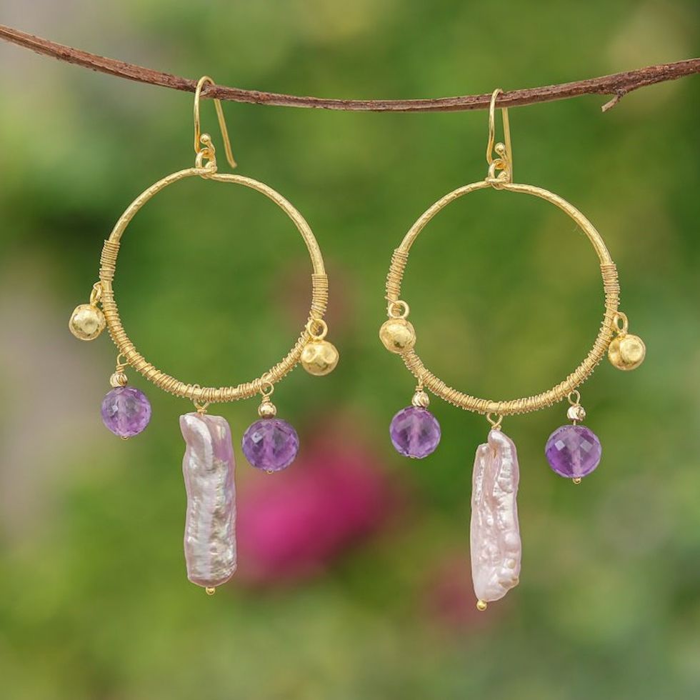Gold-Plated Cultured Pearl and Amethyst Statement Earrings 'Pop of Purple'