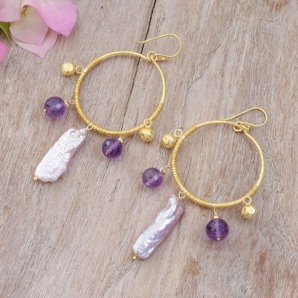 Alternate image for Gold-Plated Cultured Pearl and Amethyst Statement Earrings Pop of Purple