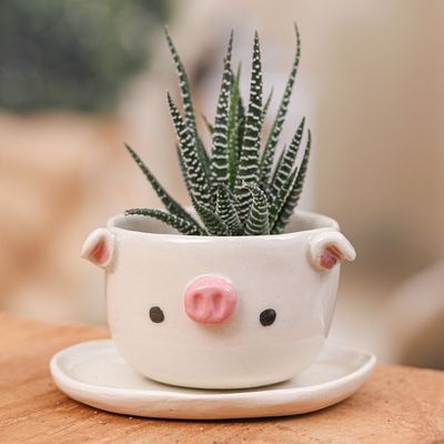 Alternate image for Piglet-Shaped Ceramic Mini Flower Pot and Saucer Small Piglet Spring