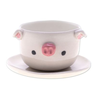 Alternate image for Piglet-Shaped Ceramic Mini Flower Pot and Saucer Small Piglet Spring