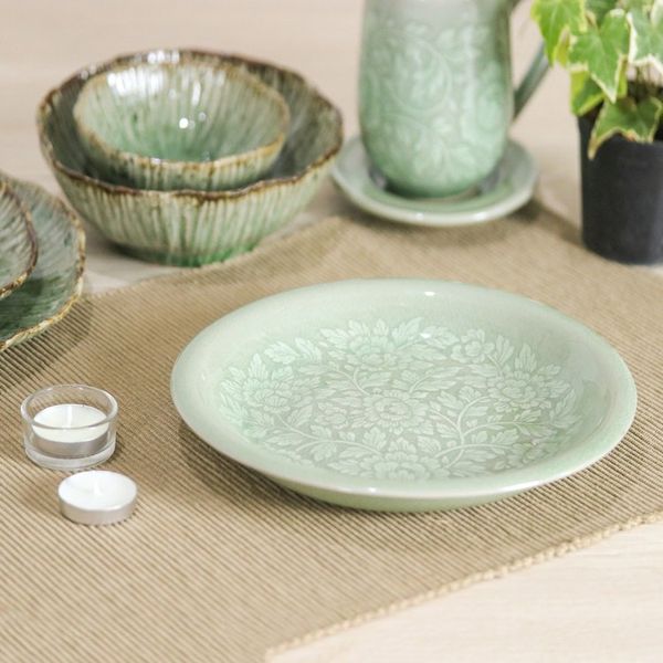 Alternate image for Floral Green Ceramic Luncheon Plate with Crackled Finish Wealthy Peony