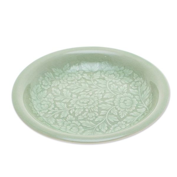 Alternate image for Floral Green Ceramic Luncheon Plate with Crackled Finish Wealthy Peony