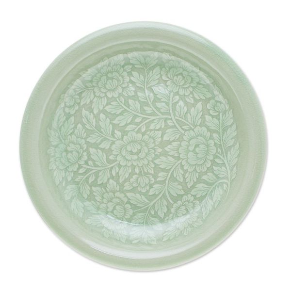 Alternate image for Floral Green Ceramic Luncheon Plate with Crackled Finish Wealthy Peony