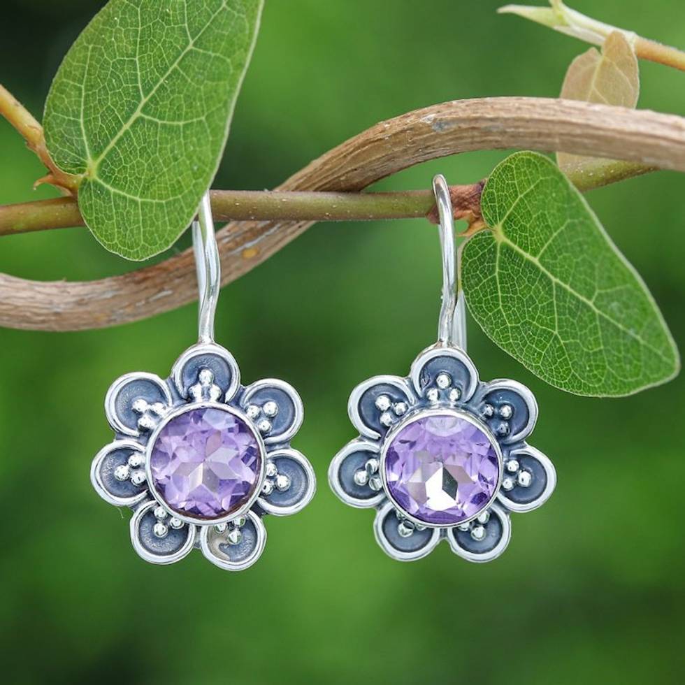Floral Faceted Two-Carat Amethyst Drop Earrings 'Spring in Purple'