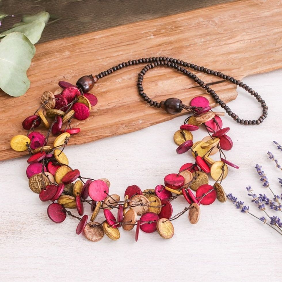 Fuchsia and Golden Round Wood Beaded Three-Strand Necklace 'Cycles of Tenderness'