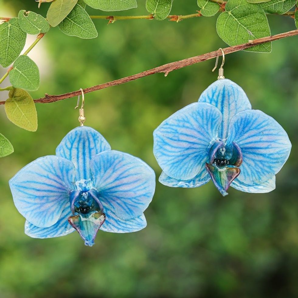 Artisan-Made Blue Orchid Resin Dangle Earrings from Thailand 'Winter Fantasy'