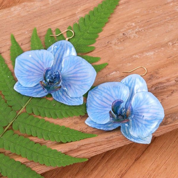 Alternate image for Artisan-Made Blue Orchid Resin Dangle Earrings from Thailand Winter Fantasy