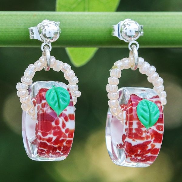 Alternate image for Tropical Cherry-Themed Red Handblown Glass Dangle Earrings Romantic Cherry