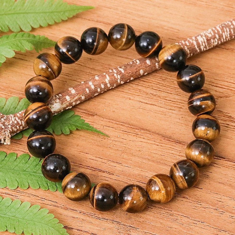 Stretch Bracelet with Tiger's Eye Beads Handmade in Thailand 'Vibrant Mist'