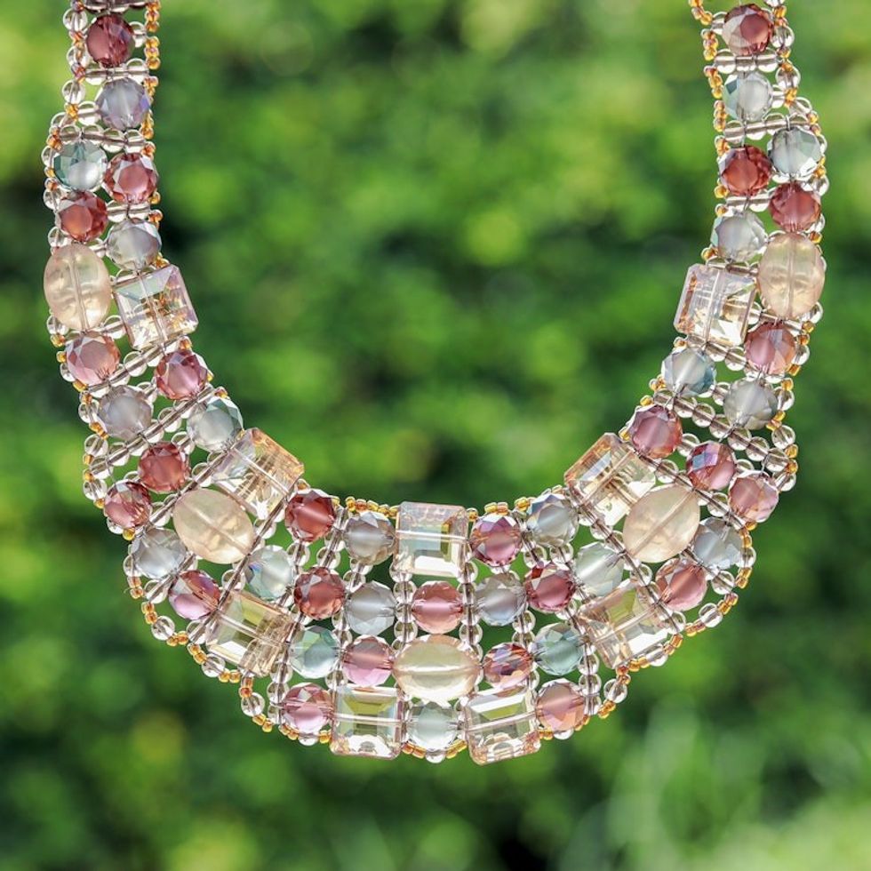 Handmade Glass Beaded Choker Necklace in Warm Hues 'Crystallized Evenings'
