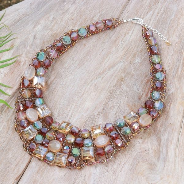 Alternate image for Handmade Glass Beaded Choker Necklace in Warm Hues Crystallized Evenings