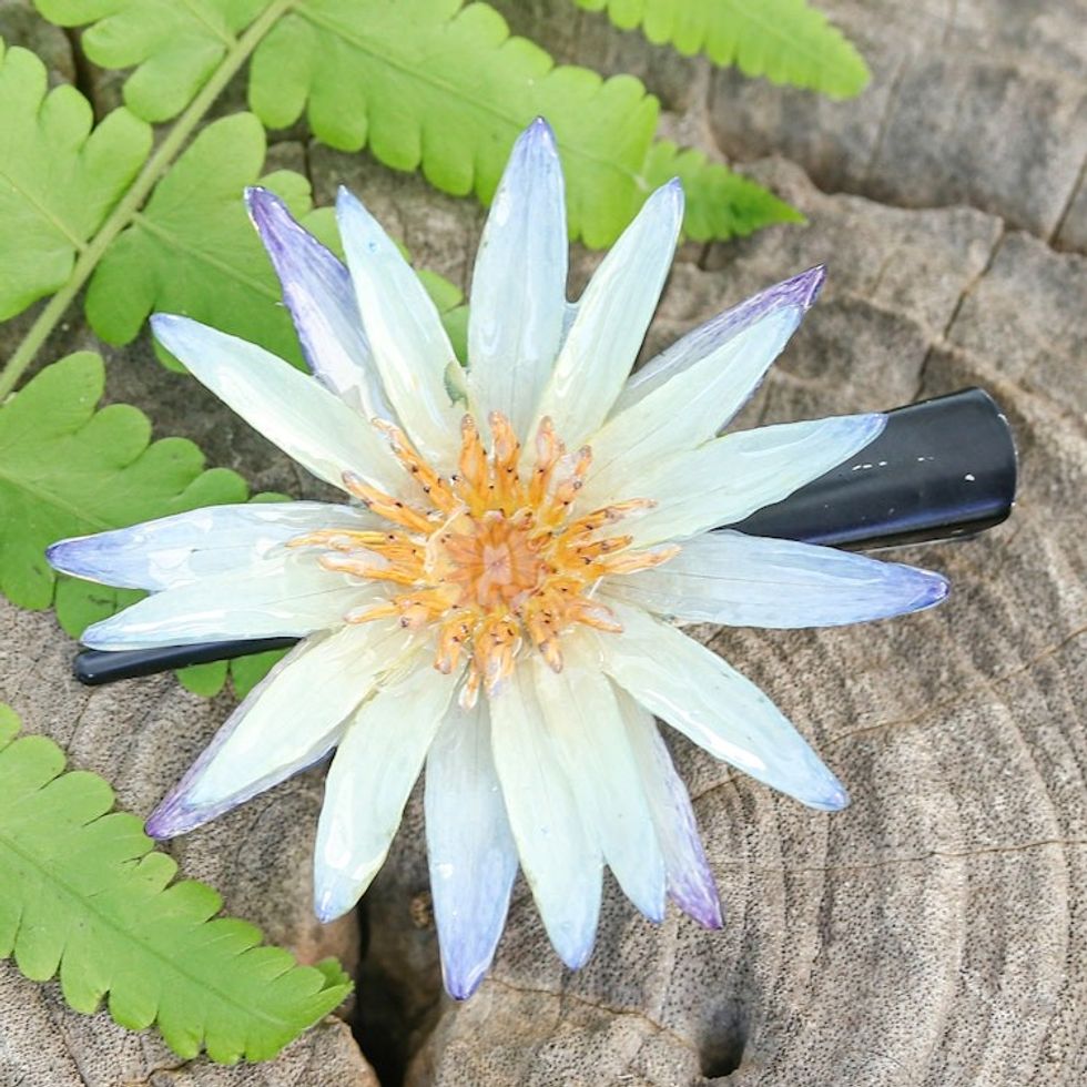Artisan-Made Resin-Coated Blue Waterlily Flower Hair Clip 'Serene Waterlily'