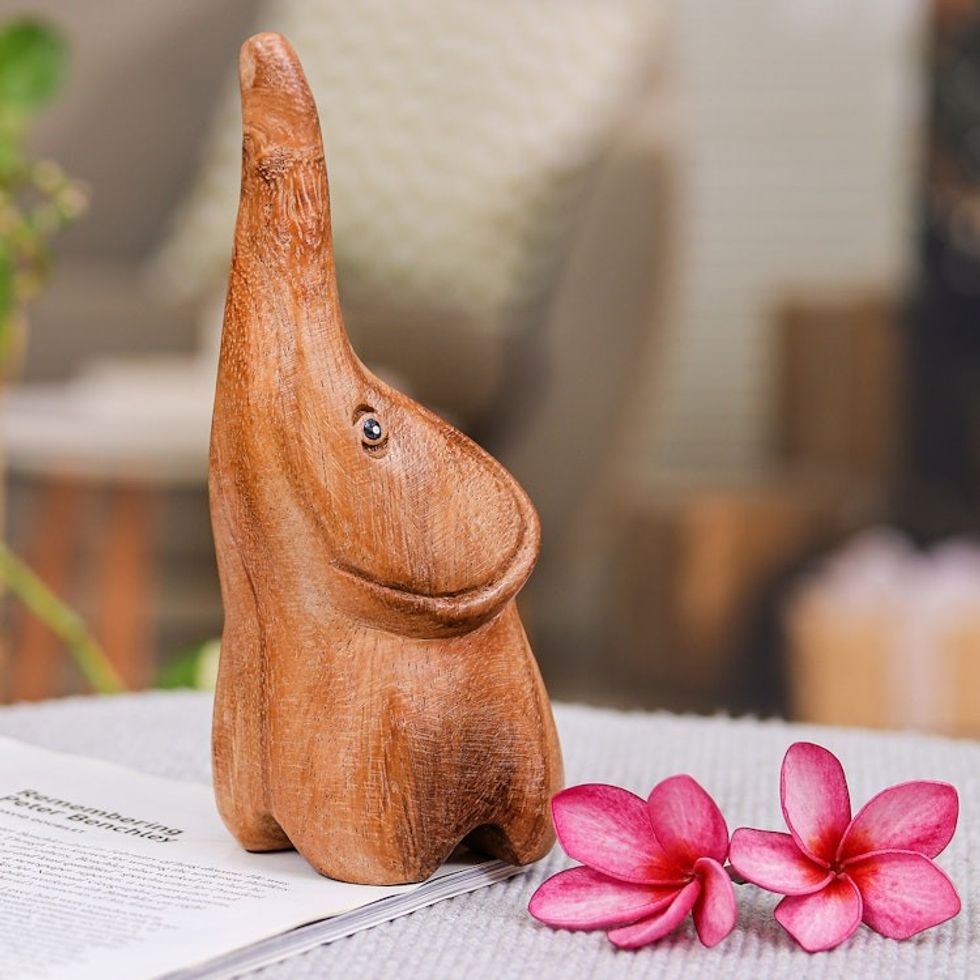 Raintree Wood Baby Elephant Figurine Hand-Carved in Thailand 'Tiny Sweetness'