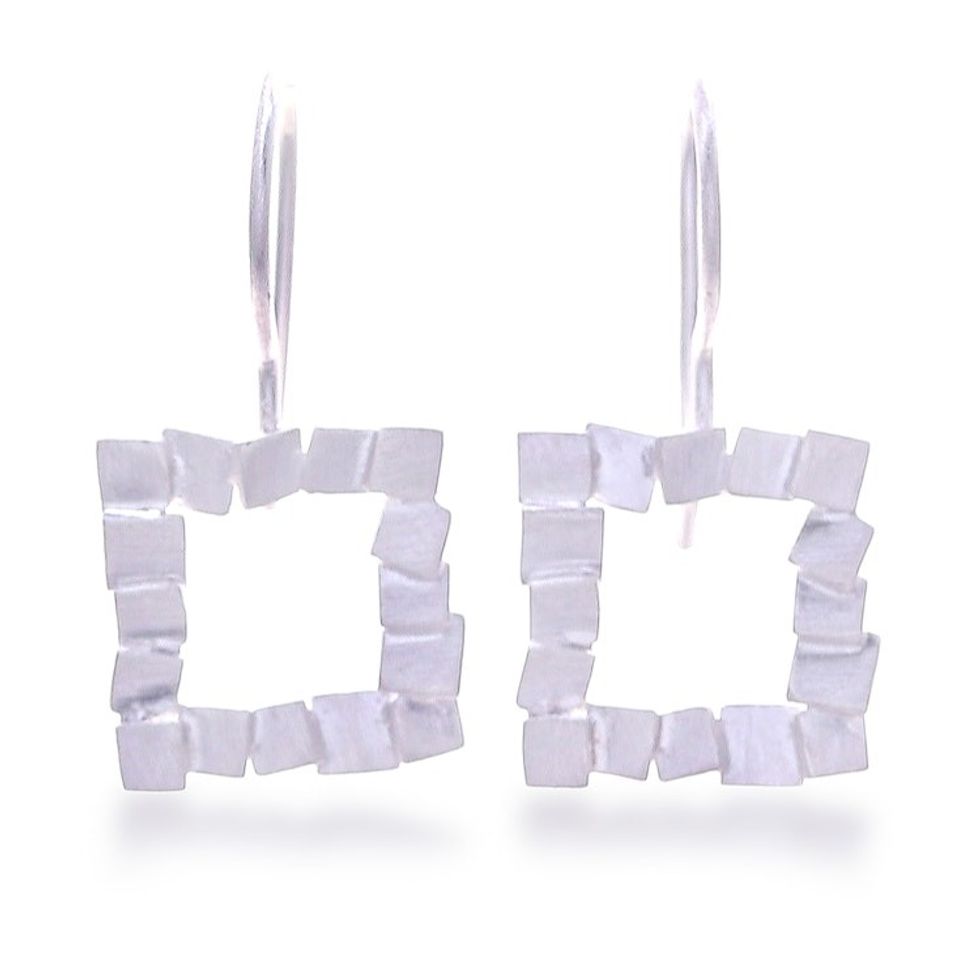 Thai-Made Brushed-Satin Square Sterling Silver Drop Earrings 'Square Heaven'