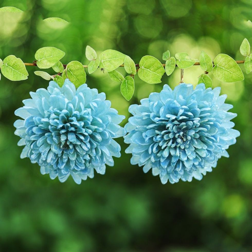 Gold-Accented Sky Blue Chrysanthemum Bloom Dangle Earrings 'Happy Sky Blue'