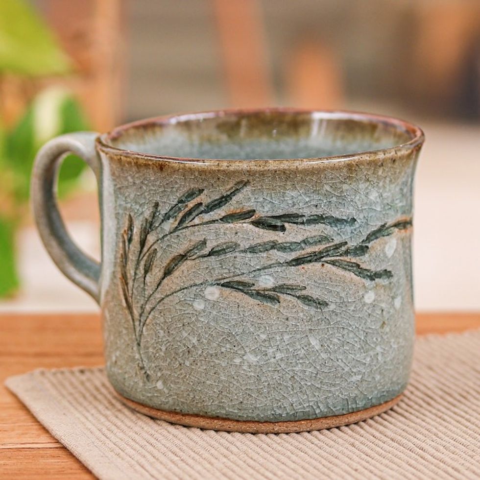 Handmade Crackled Rice Ear-Themed Ceramic Cup from Thailand 'Windy Morning'