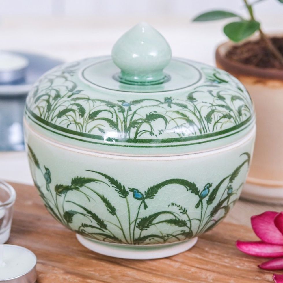 Rice Flower and Bird-Themed Celadon Ceramic Decorative Jar 'Blooming Rice Plant'