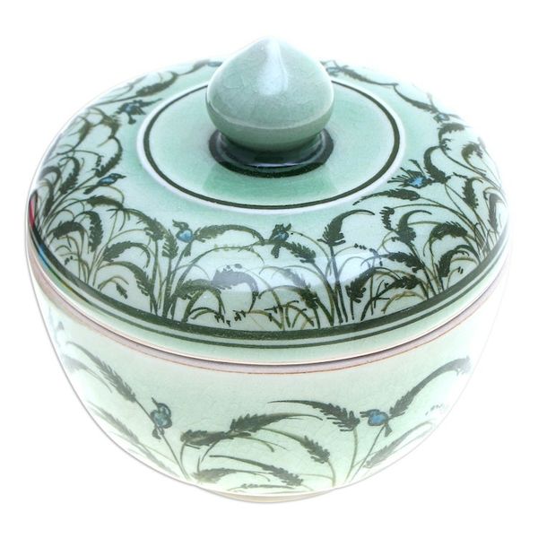 Alternate image for Rice Flower and Bird-Themed Celadon Ceramic Decorative Jar Blooming Rice Plant