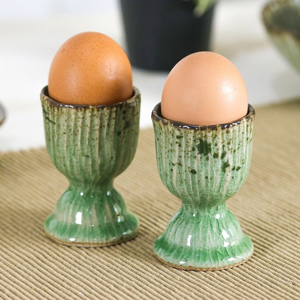 Lotus-Themed Crackled Green Celadon Ceramic Egg Cups Pair 'Green Treats'