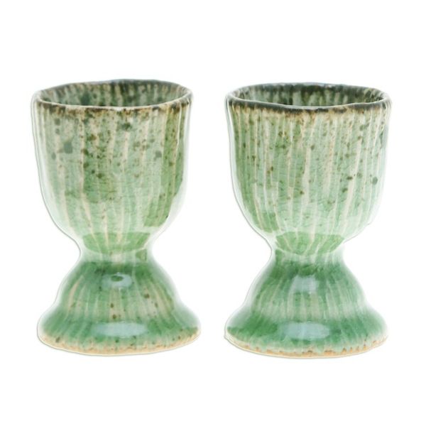 Alternate image for Lotus-Themed Crackled Green Celadon Ceramic Egg Cups Pair Green Treats
