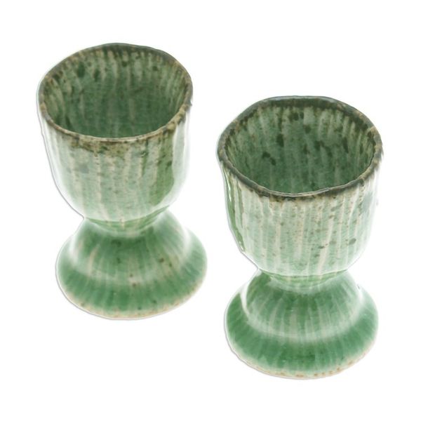 Alternate image for Lotus-Themed Crackled Green Celadon Ceramic Egg Cups Pair Green Treats