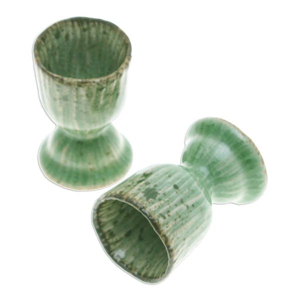 Alternate image for Lotus-Themed Crackled Green Celadon Ceramic Egg Cups Pair Green Treats