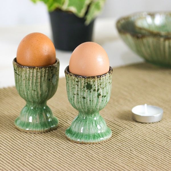 Alternate image for Lotus-Themed Crackled Green Celadon Ceramic Egg Cups Pair Green Treats