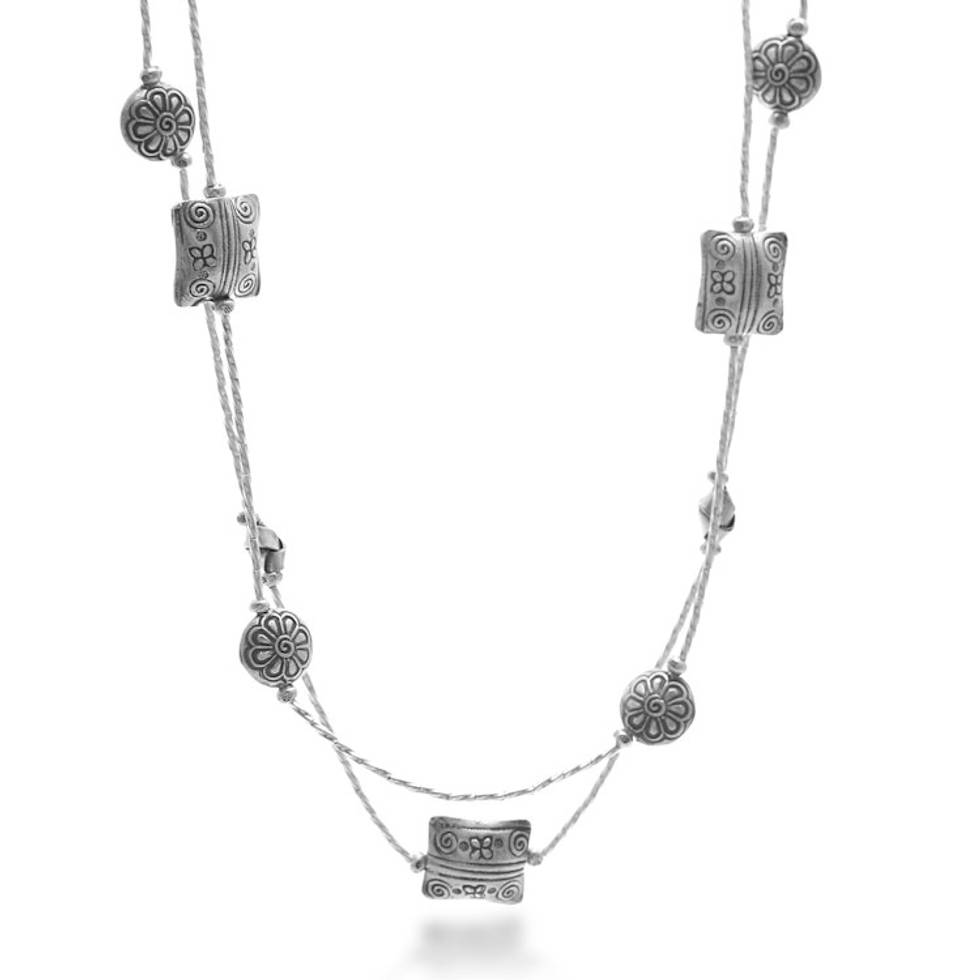 Thai Hill Tribe Silver Beaded Long Strand Station Necklace 'Floral Aura'