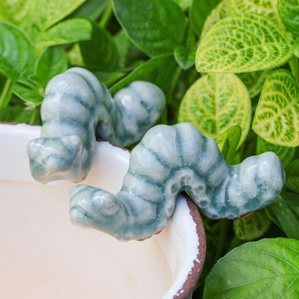 Pair of Crackled Celadon Ceramic Worm Figurines in Blue 'Serene Wiggles'