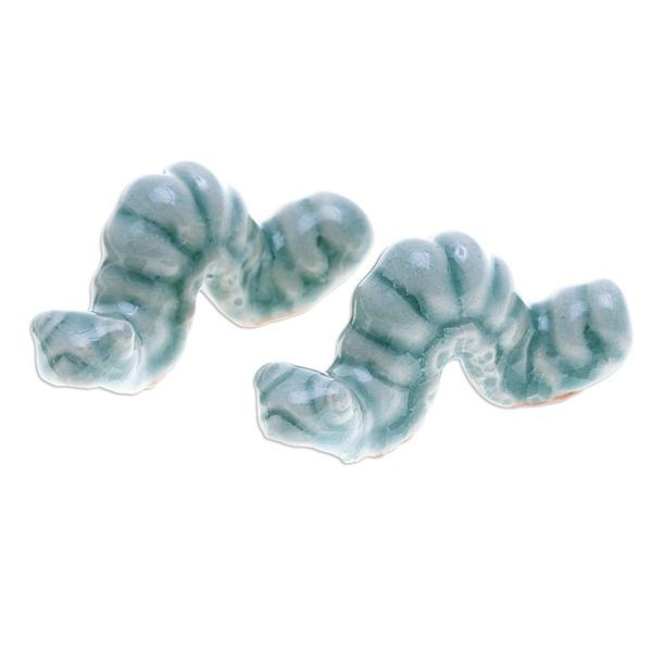 Alternate image for Pair of Crackled Celadon Ceramic Worm Figurines in Blue Serene Wiggles