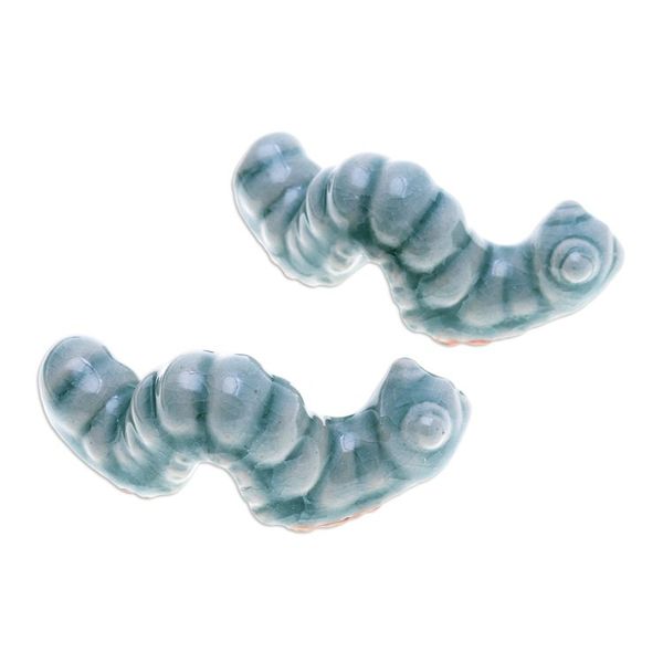 Alternate image for Pair of Crackled Celadon Ceramic Worm Figurines in Blue Serene Wiggles