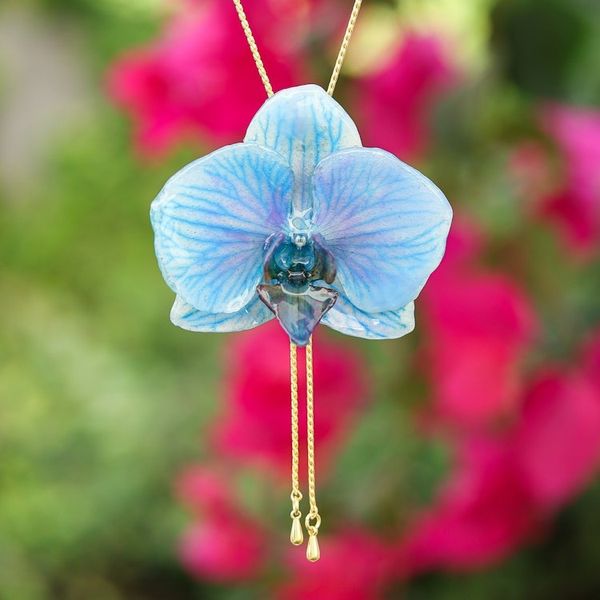 Alternate image for 22k Gold-Accented Lariat Necklace with Natural Blue Orchid Winter Fantasy