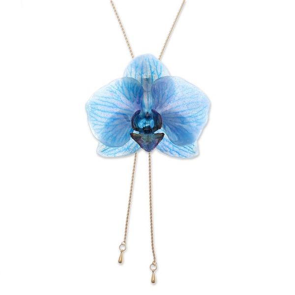 Alternate image for 22k Gold-Accented Lariat Necklace with Natural Blue Orchid Winter Fantasy