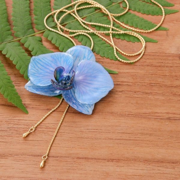Alternate image for 22k Gold-Accented Lariat Necklace with Natural Blue Orchid Winter Fantasy