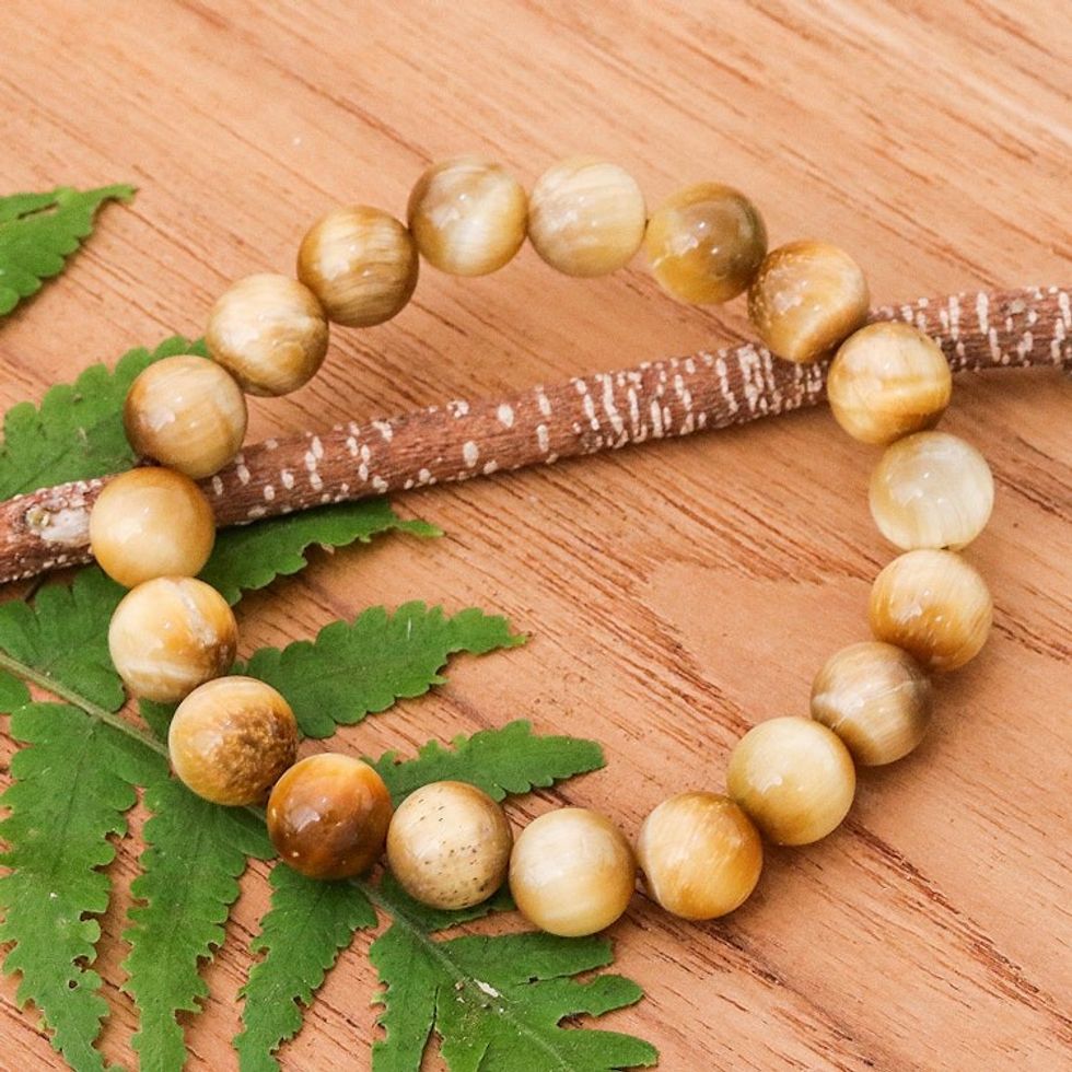 Handcrafted Thai Tiger's Eye Beaded Stretch Bracelet 'Radiant Mist'