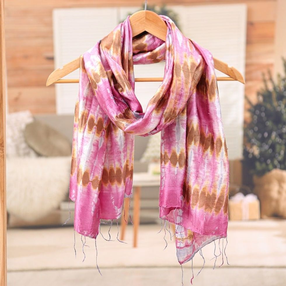 Tie-Dyed Handwoven Bohemian Fringed Pink Batik Silk Scarf 'Pink Elegance'