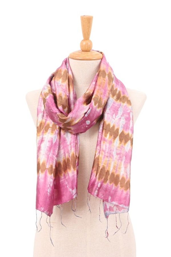Alternate image for Tie-Dyed Handwoven Bohemian Fringed Pink Batik Silk Scarf Pink Elegance