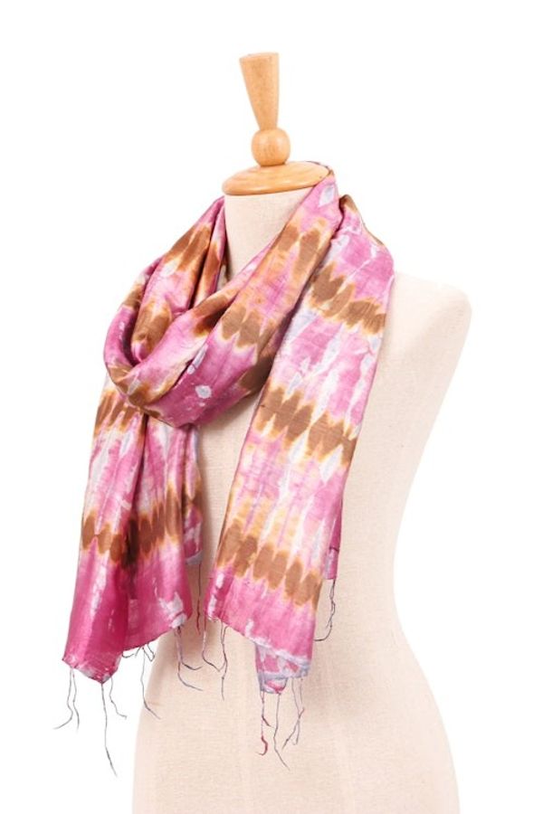 Alternate image for Tie-Dyed Handwoven Bohemian Fringed Pink Batik Silk Scarf Pink Elegance