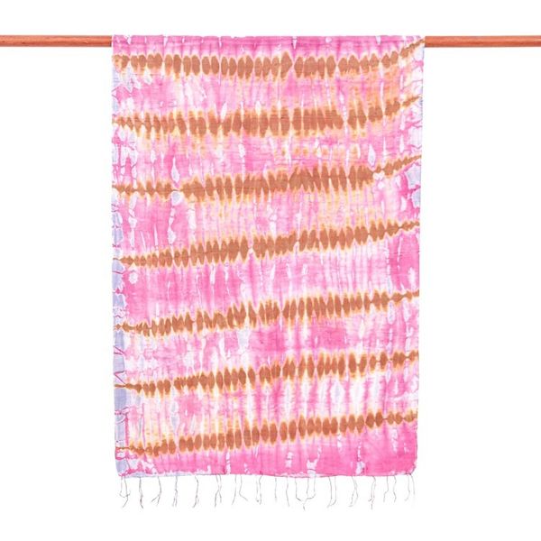 Alternate image for Tie-Dyed Handwoven Bohemian Fringed Pink Batik Silk Scarf Pink Elegance