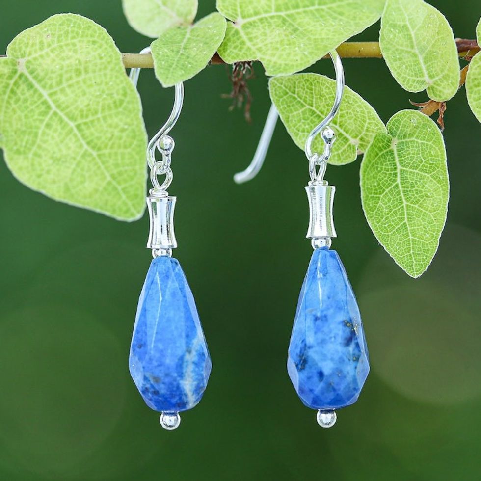 Silver Dangle Earrings with Drop-Shaped Lapis Lazuli Stones 'Blue Dew Drop'