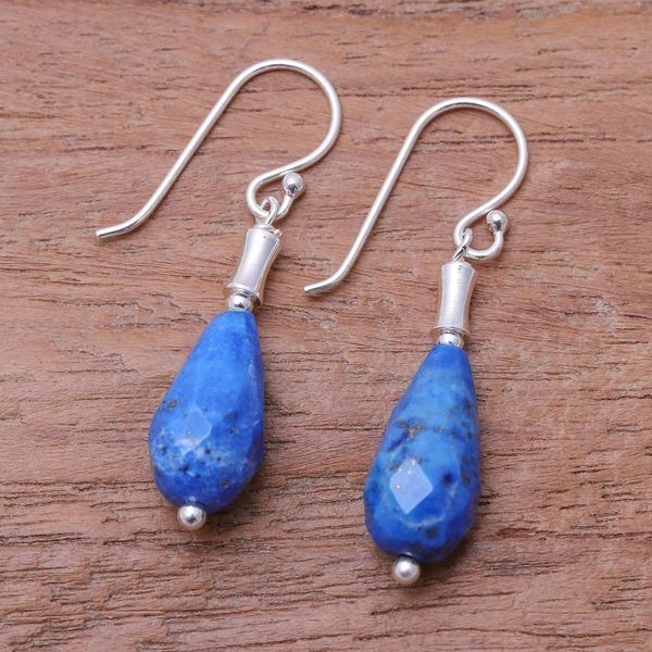 Alternate image for Silver Dangle Earrings with Drop-Shaped Lapis Lazuli Stones Blue Dew Drop