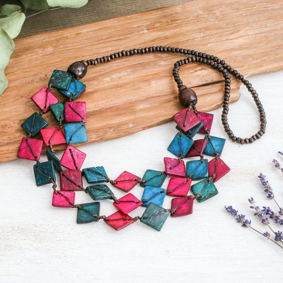 Pink and Turquoise and Coconut Shell Beaded Strand Necklace 'Dreamy Diamonds'