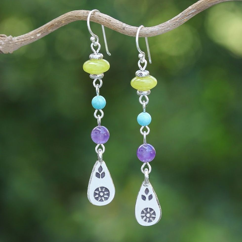 Colorful Multi-Gemstone Dangle Earrings with Silver Accents 'Thail Chic'