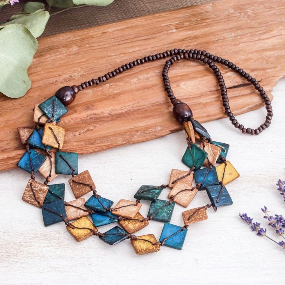 Teal and Golden Coconut Shell Beaded Strand Necklace 'Coastal Diamonds'