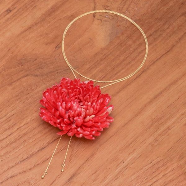 Alternate image for Chrysanthemum-Themed 22k Gold-Plated Red Lariat Necklace Happy Red