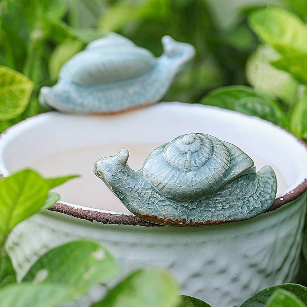Pair of Crackled Blue Celadon Ceramic Snail Figurines 'Patient Destiny'
