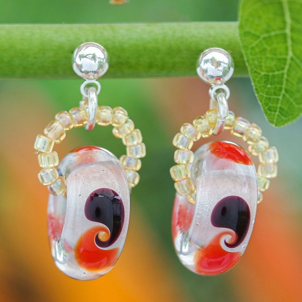Handblown Glass Beaded Dangle Earrings with Colorful Motifs 'Bright Delight'